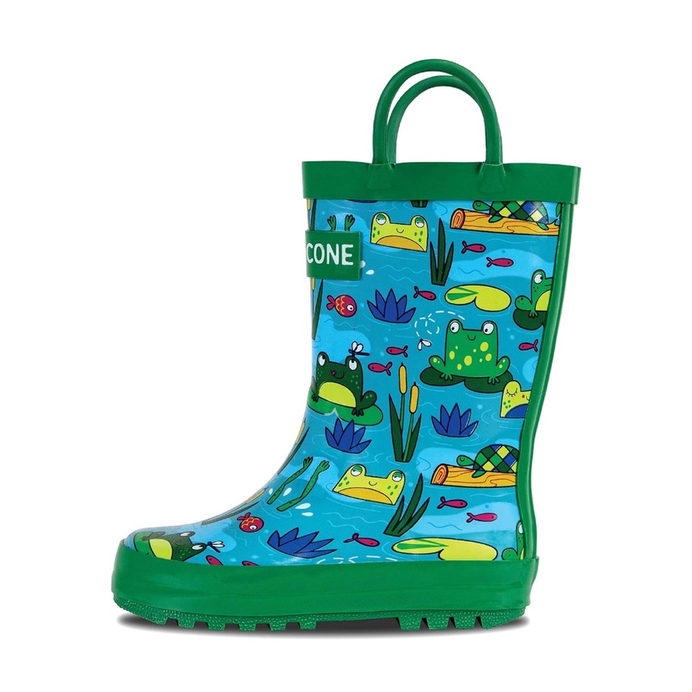 Lonecone size 11 little Kids Green and Blue Rain Boots frog print. NWT